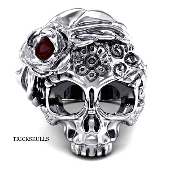 Silver Stainless Gypsy Girl Skull Red Rose Cubic Ring Sizes 10 11 12  NEW!
